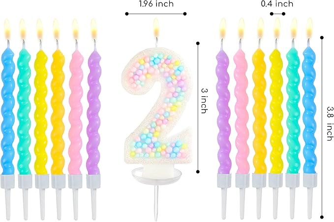 PHD CAKE Number 2 Birthday Candle Macaron Glitter Number Candle with Rainbow Spiral Candles in Holders for Cake Topper, Pastel Sweet Theme Party Decoration