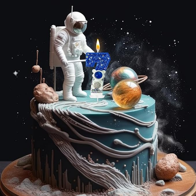 HXOUSE Astronaut 7th Birthday Candle - Space Universe Sparkler 7 Candle for Birthday Cake Boy, Topper for Party Decorations Anniversary Celebrations (Number 7)