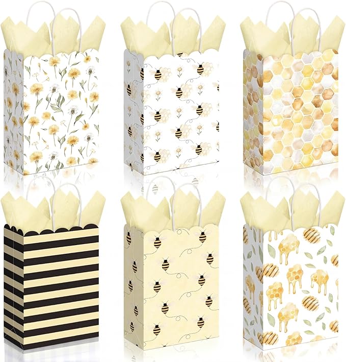 Kolldenn 24 Pcs Bee Party Gift Bags with Handles Paper Candy Treat Goodie Bags Scalloped for Birthday Decoration for Bridal Baby Shower Tea Party Supplies
