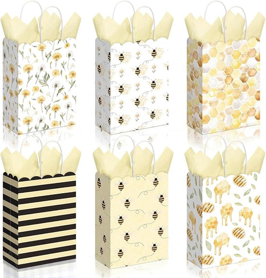 Kolldenn 24 Pcs Bee Party Gift Bags with Handles Paper Candy Treat Goodie Bags Scalloped for Birthday Decoration for Bridal Baby Shower Tea Party Supplies