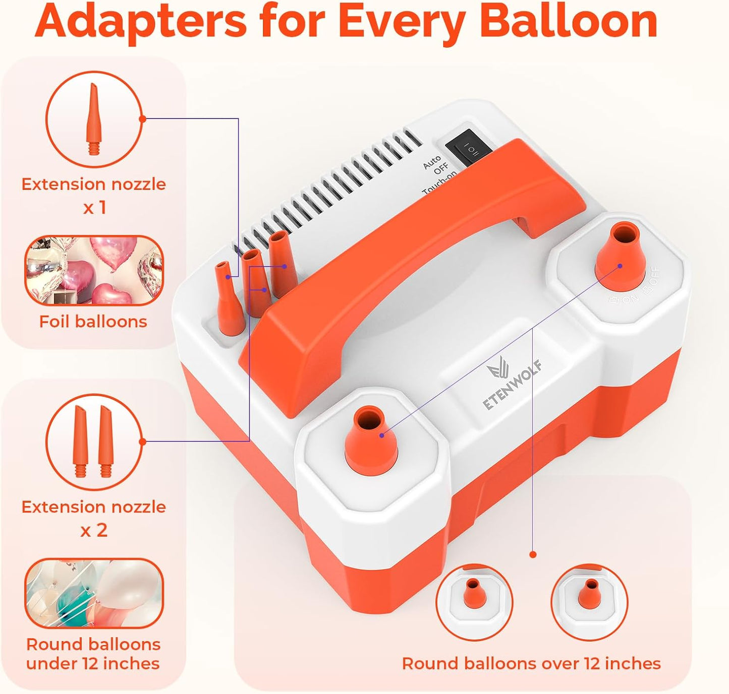 ETENWOLF P400 Balloon Pump Electric for Balloons with 2 Nozzles 110V 550W Balloon Blower for Party Metalic Latex Foil Balloons, Balloon Inflator for Birthday Decorations