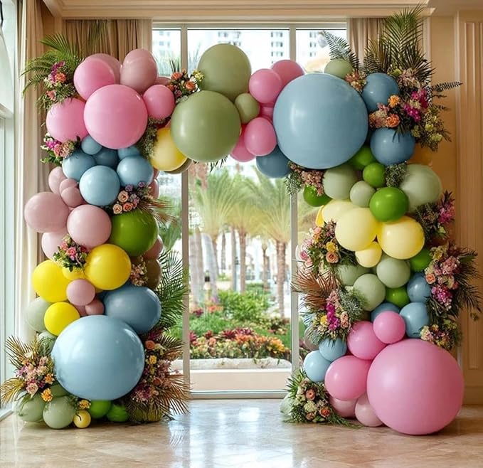 Colorful Balloon Arch Double Stuffed Latex Blue Yellow Green Pink Balloons Wildflower Balloon Garland for Spring Flower Birthday Baby Shower Easter Garden Candy Party Decoration