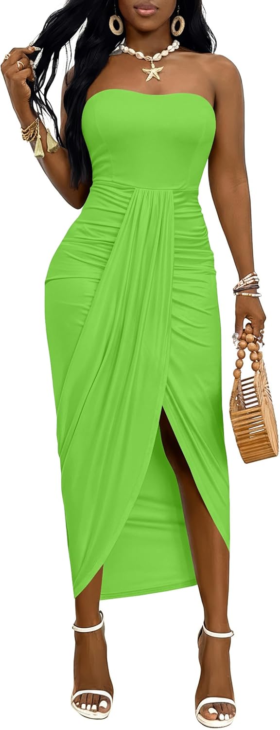 Umenlele Women's Strapless Ruched High Waist Wrap Split Asymmetrical Beach Maxi Long Dress