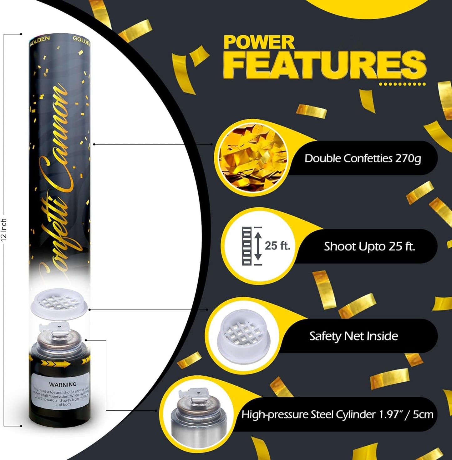 [6 Pack] Gold Confetti Poppers – 12" Flameproof Party Poppers for Birthdays, Weddings, Graduation, New Years Eve & More – Confetti Cannon Shooter & Party Blaster