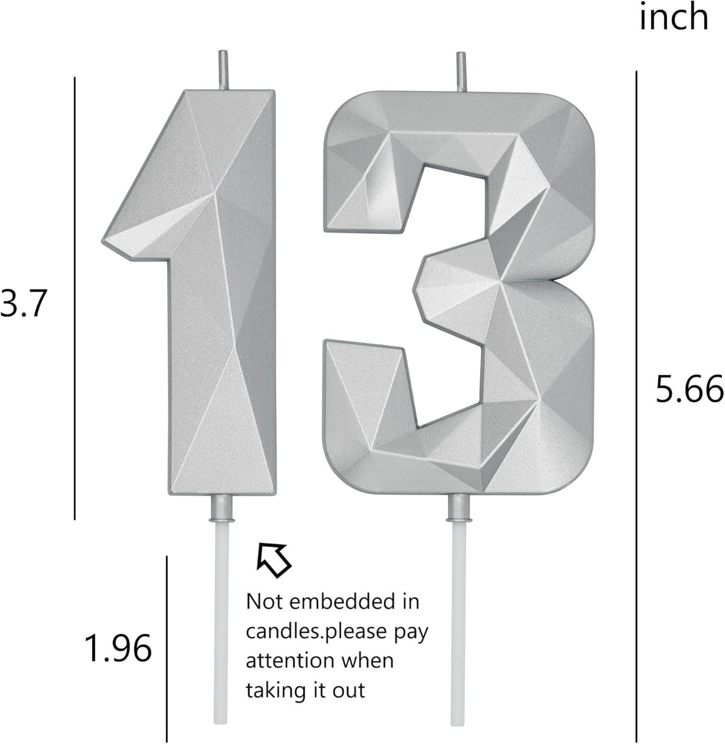 DERVENTA Birthday Candle Big Number 3D Silver 3.7 inch Party Celebration Anniversary Decoration Cake Topper 1 Piece (Number 13 Silver)