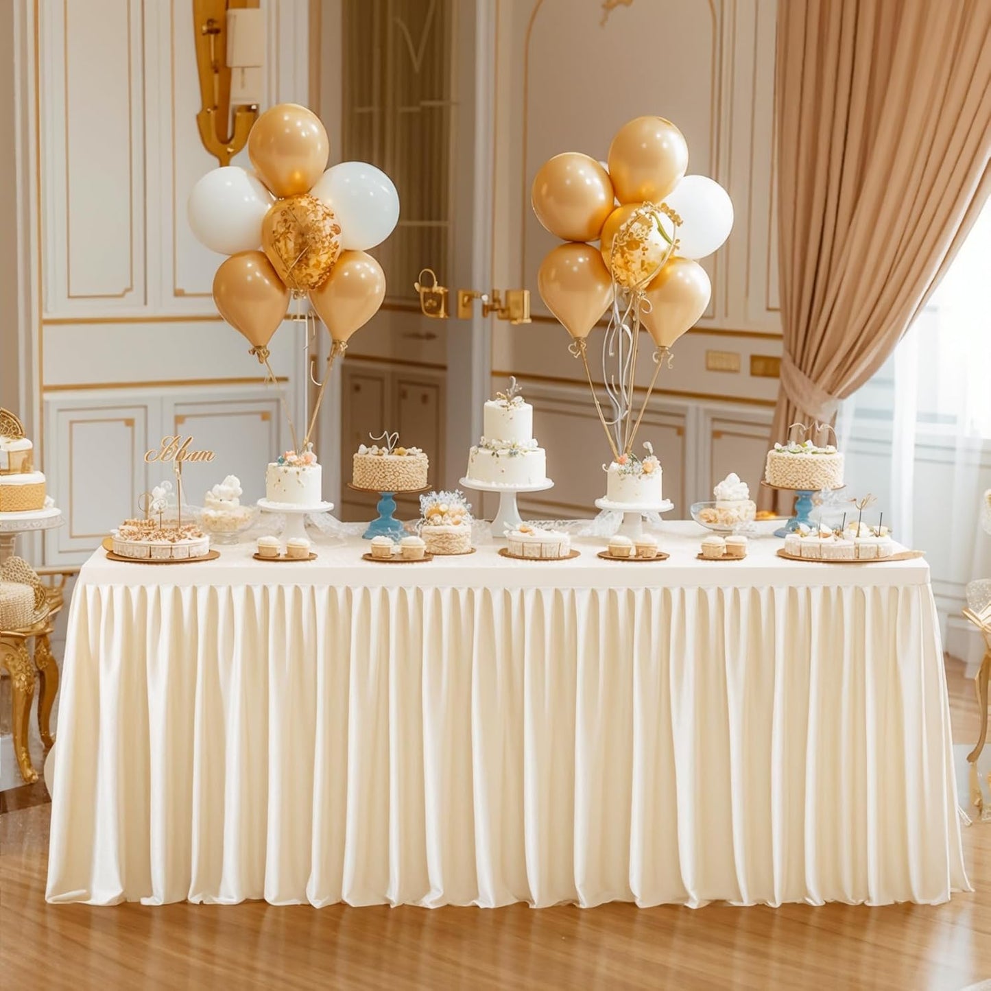 Light Champagne Polyester Table Clothes for 4 Foot Rectangle Tables, Wrinkle Free Fitted Table Cover 4ft Stretch Tablecloths with Skirt for Parties Weddings Birthday Banquet Baby Shower