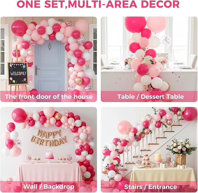 LovesTown Rose Pink Balloon Garland Kit, 150PCS Arch Kit Confetti Pink Metallic Latex Balloons for Wedding Engagement Birthday Party Decorations