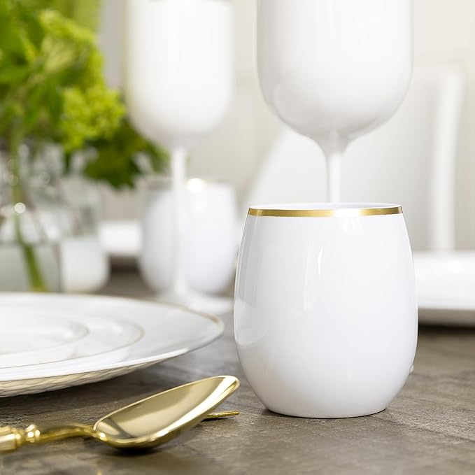 PLASTICPRO 12 Pack White With Gold Rim Plastic Wine Glasses Stemless Disposable 12 oz BPA Free Shatterproof Plastic Wine Cups Wine Glasses for Parties