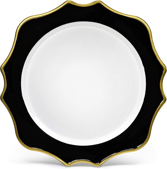 " OCCASIONS " 10 Pieces Round 13'' ACRYLIC MELAMINE Reusable Wedding Charger Plate (Scalloped Black and Gold)