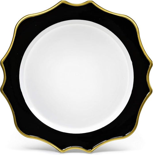 " OCCASIONS " 10 Pieces Round 13'' ACRYLIC MELAMINE Reusable Wedding Charger Plate (Scalloped Black and Gold)