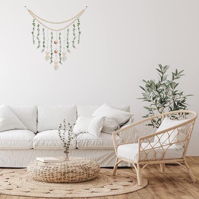 Hanging Eucalyptus Boho Wall Decor Large Boho Bedroom Wall Hanging Wooden Bead Garland Artificial Eucalyptus Natural Greenery Decoration, 36 x 36 Inch (Simple Color, Shell Style)