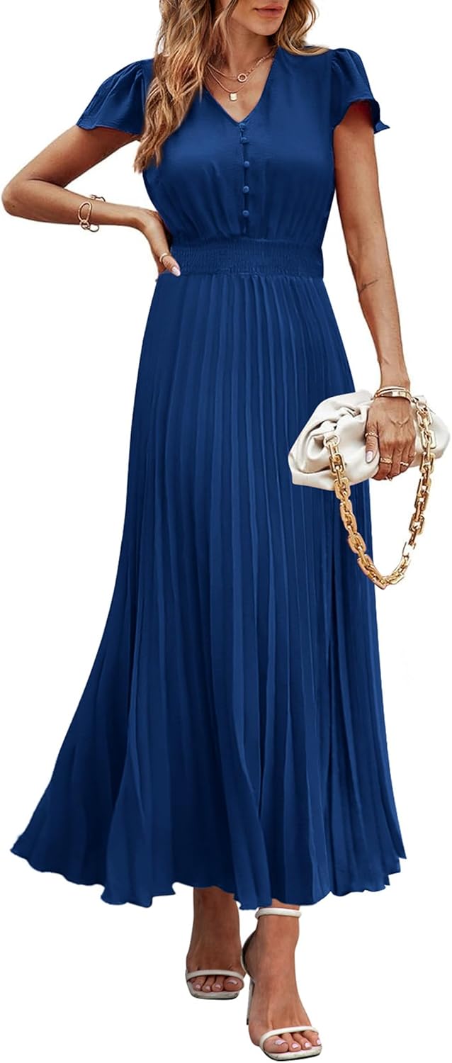 PRETTYGARDEN Women's Maxi Dresses 2025 Summer Trendy Cap Short Sleeve Button V Neck Casual Flowy Pleated Long Dress