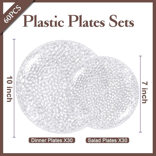 Rubtlamp 60Pcs Clear Plastic Plates, Hammered Disposable Party Plates, Heavy Duty Plastic Platos, Fancy Disposable Platos Include 30 Clear Dinner Plate, 30 Salad Plate For Wedding Bridal
