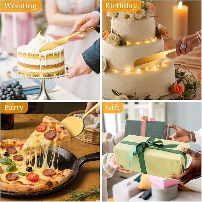 ERVILO Cake Cutting Set for Wedding, Pie Server, Stainless steel Wedding Cake Knife and Server set, Golden Cake Cutter for Birthday, Parties and Events (Gold Serving Set)
