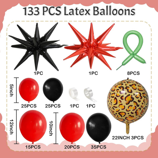 Red Black Balloons Garland Arch Kit, 133pcs Green Cherry Black Red Explosion Star Foil Balloons, 4D Cheetah Print Mylar Balloons for Berry Themed Birthday Baby Shower Bachelorette Party Decorations