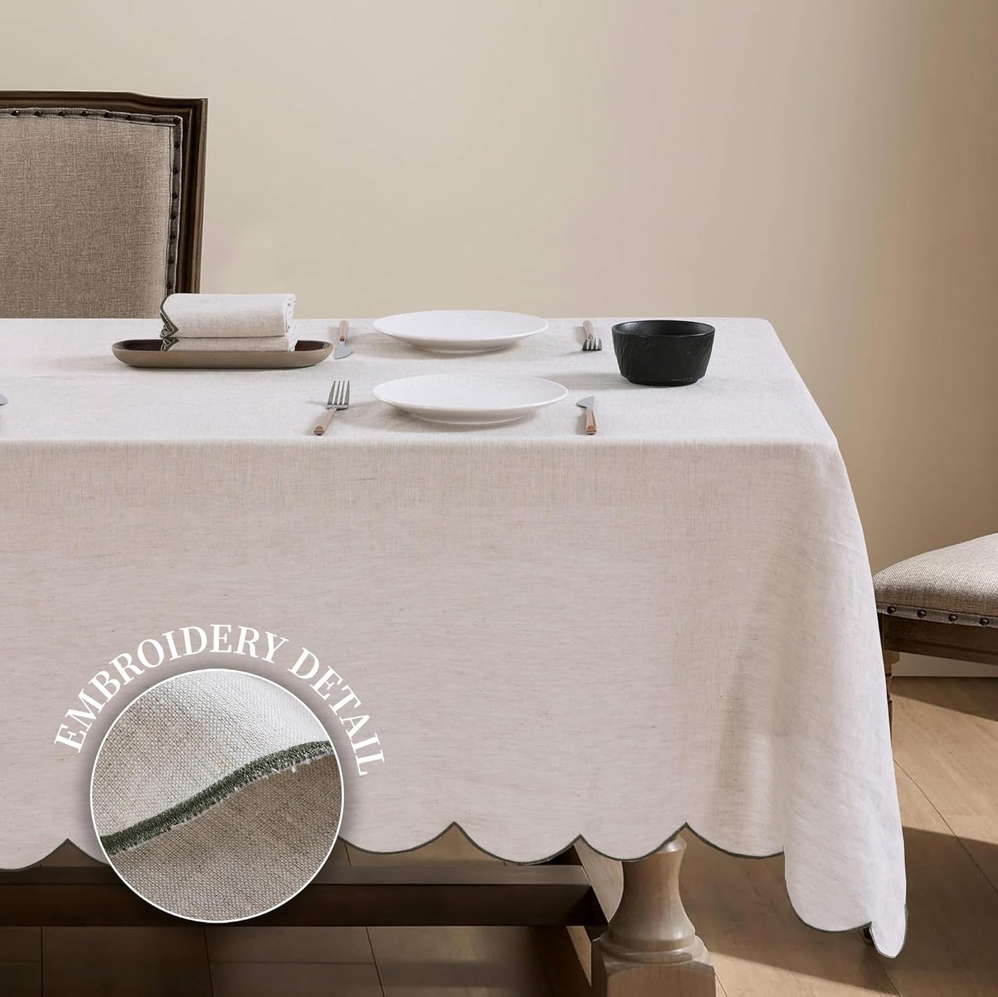 100% French Flax Linen Tablecloths Scalloped Embroidery Rectangle 120Lx60W Inch for Dinners, Parties, Spring, Machine Washable, 10-12 Sets, Linen(Edges-Green)
