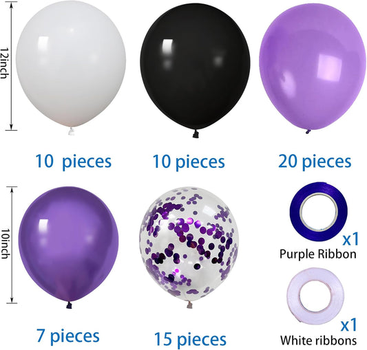 62 Pcs 12 Inch Black White Purple Balloons Arch Kit, Matte Black and White Metallic Purple Confetti Party Balloons with Ribbons for Birthday, Wedding, Baby Shower, Graduation Decorations
