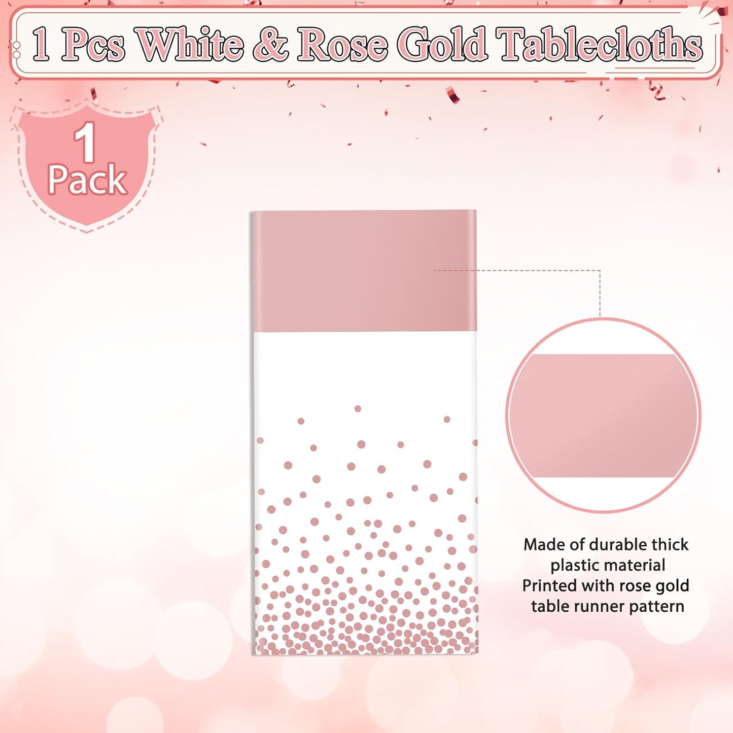 1Pcs White and Rose Gold Tablecloth Party Decorations,Plastic White Table Cloth Printed Rose Gold Table Runner Disposable Rectangle Cover for Birthday Anniversary Wedding Grad Party,54 x108 Inch