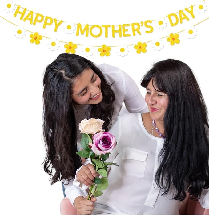 Happy Mother's Day Banner Set Decoration for Mother's Day Party Decorations Backdrop Garland for Mom Mother's Day Glitter Garland Photo Props (Gold Daisy)