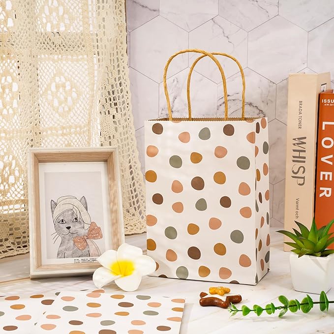 JarThenaAMCS 16Pcs Boho Party Favor Bags Neutral Paper Gift Bags with Handles Hand Drawn Dot Candy Goodie Treat Bags for Wedding Birthday Baby Shower Party Supplies