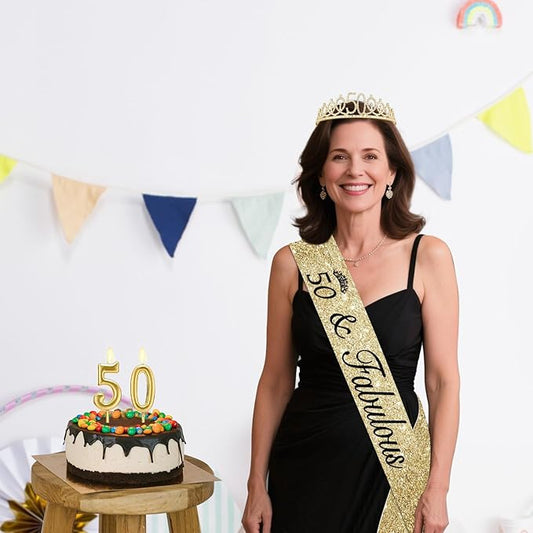 50th Birthday Decorations for Her with 50th Birthday Crown, 50 Sash for Women, Candles Gold, Gifts for 50 Year Old Woman