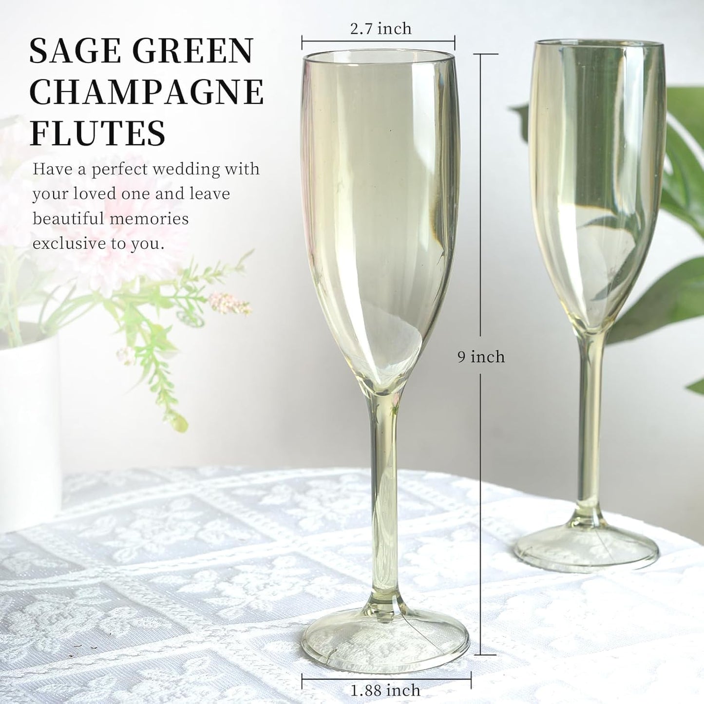 XUWAIDSGN 10 Pcs Champagne Flutes Plastic Wine Glasses Bulk Vintage Champagne Flutes Mimosa Bar Glasses Stemmed Drinking Cups 5.4OZ for Christmas Birthday Wedding Bride (10, Sage Green)