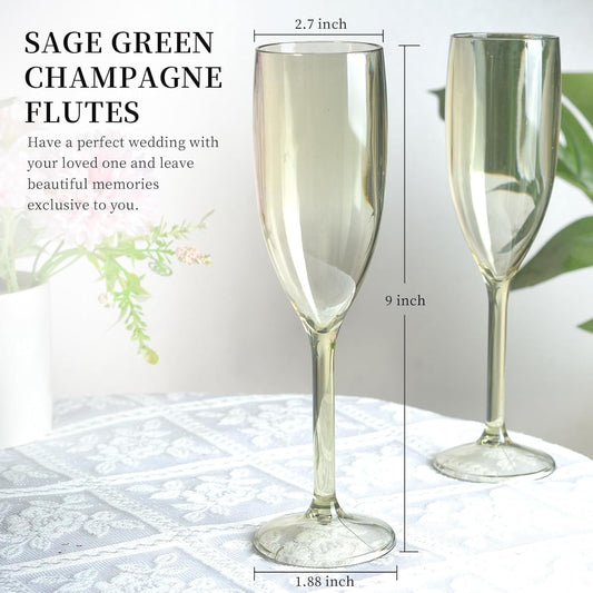 XUWAIDSGN 10 Pcs Champagne Flutes Plastic Wine Glasses Bulk Vintage Champagne Flutes Mimosa Bar Glasses Stemmed Drinking Cups 5.4OZ for Christmas Birthday Wedding Bride (10, Sage Green)