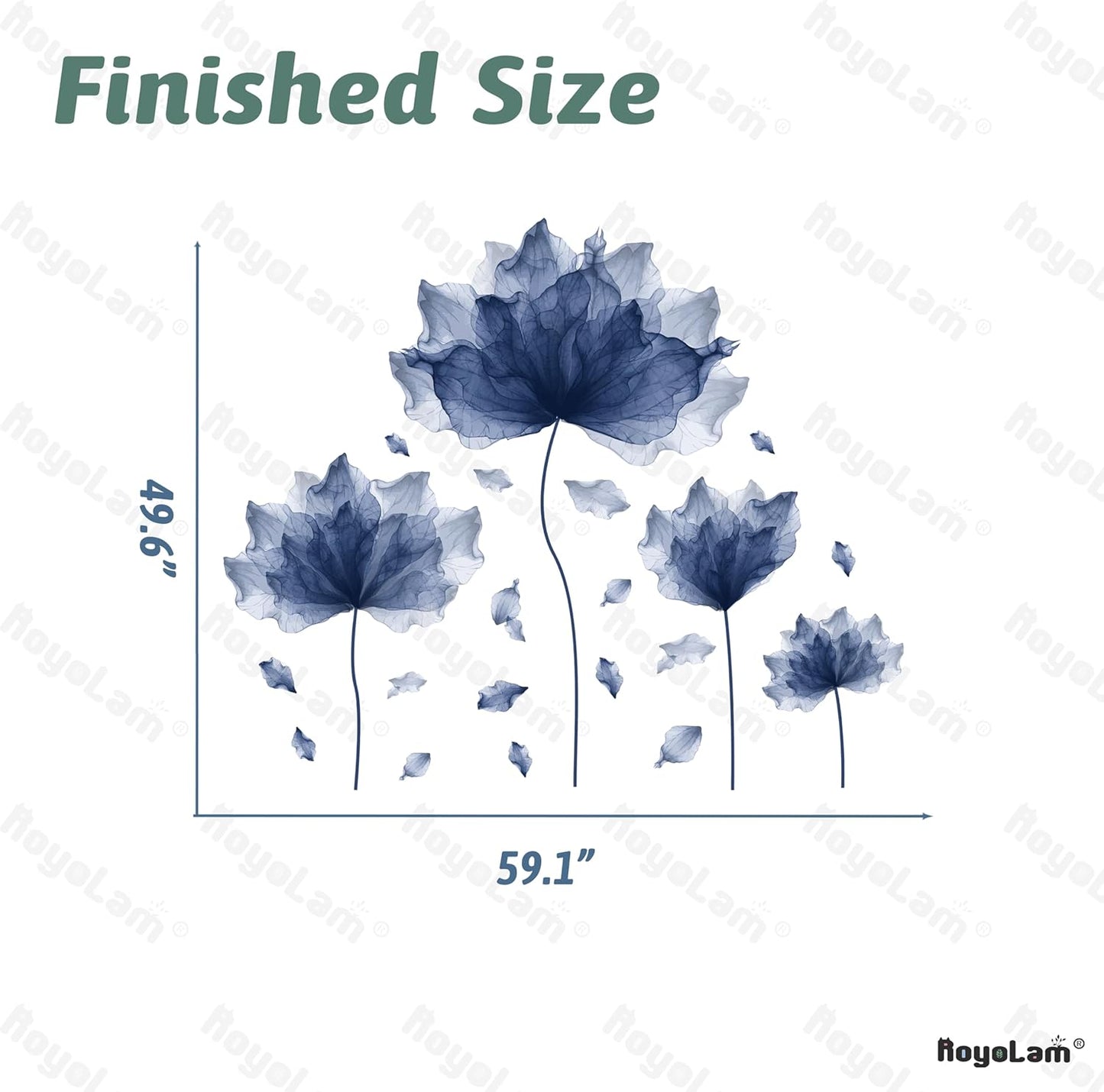 59.1'' x 49.6'' Huge Flower Petal Wall Decals Living Room Floral Wall Stickers Removable Peel and Stick Waterproof Wall Art Decor Stickers for Bedroom Bathroom Office (Navy)