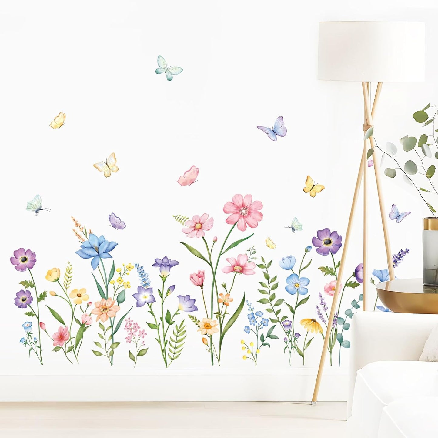 Flower Wall Decals Watercolor Wildflower Grass Butterflies Wall Stickers Peel and Stick Wall Art Decor for Girls Bedroom Living Room Home Office Wall Decor