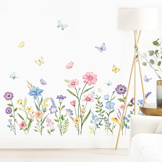 Flower Wall Decals Watercolor Wildflower Grass Butterflies Wall Stickers Peel and Stick Wall Art Decor for Girls Bedroom Living Room Home Office Wall Decor