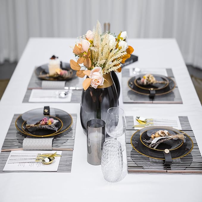 N9R 60PCS Black Plastic Plates with Gold Rim, Elegant Disposable Plates, Circular Ribbed Design, 30 Dinner & 30 Dessert Plate for Parties, Weddings, Halloween, Banquets and Events (Translucent Black)