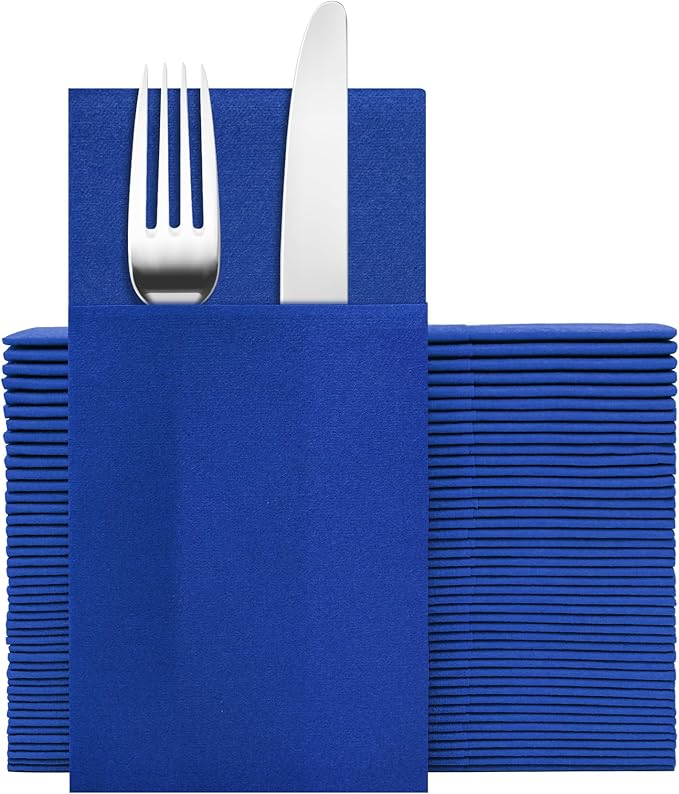 Royal Blue Napkins Hand Towels Disposable, Linen-Feel Dinner Napkins with Prefolded Built-in Flatware Pocket, Guest Paper Hand Towels For Wedding, Dinner Or Party (16x16in, 50Pack）