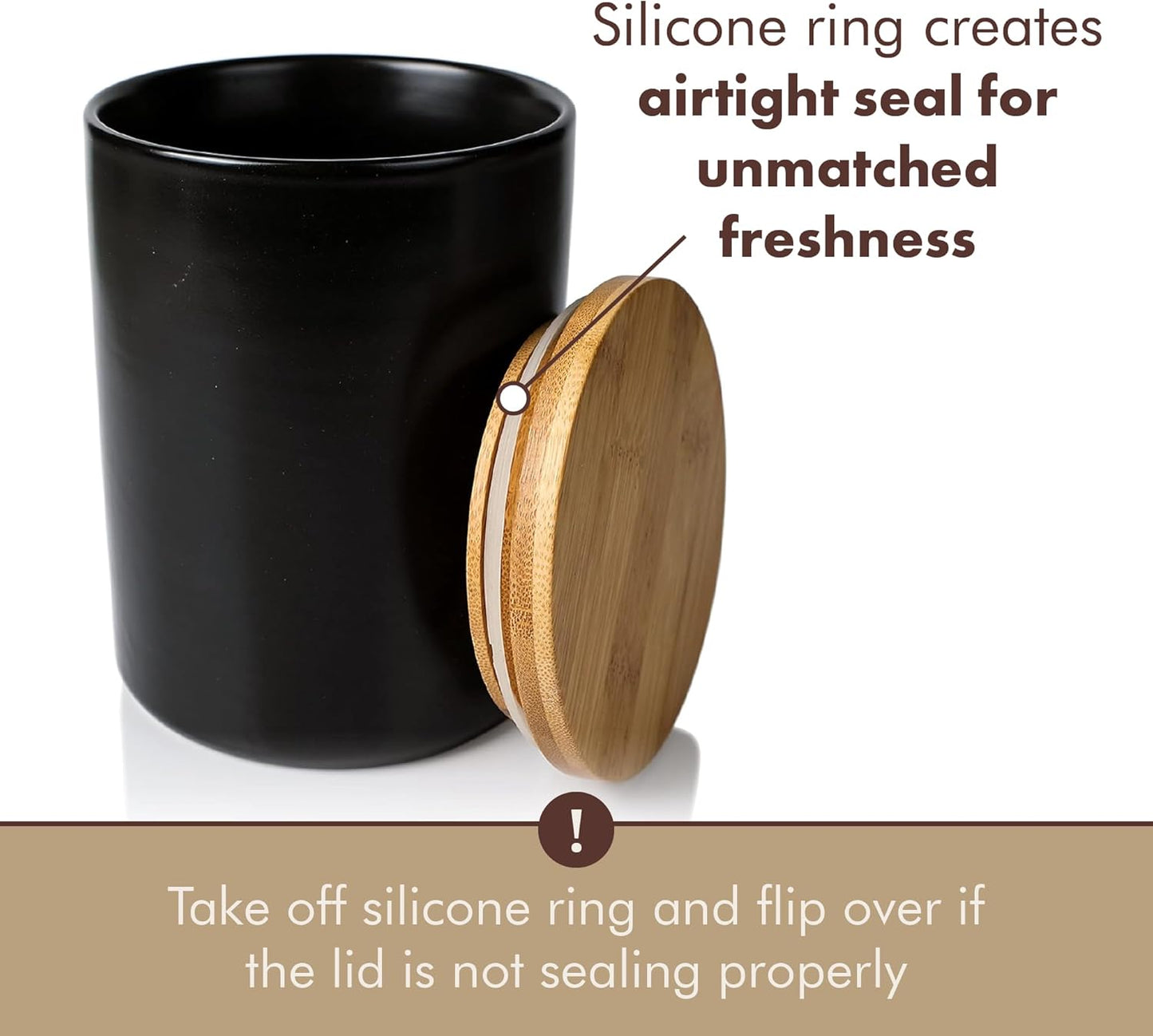 Arthausen Black Ceramic Storage Jar Canister for Flour Sugar - Airtight Bamboo Lid w/Silicone Seal, Spoon - Modern Abstract Art Design for Kitchen Counter Bathroom - 4 cup / 1080mL