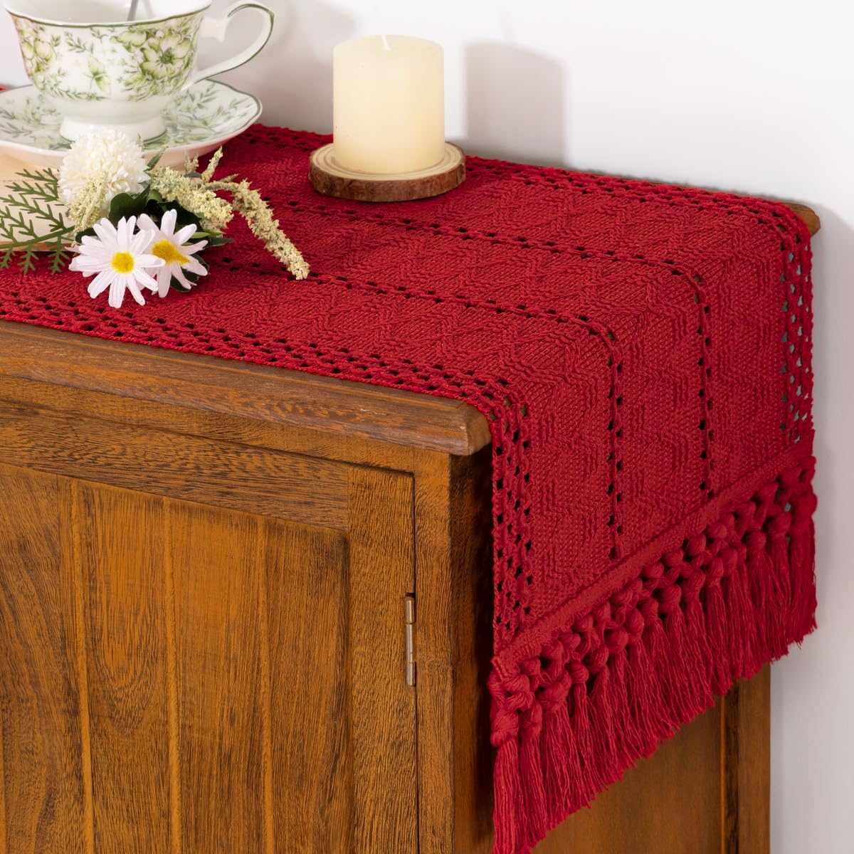 Socomi Boho Table Runner Fall Thanksgiving Farmhouse Rustic Dining Kitchen Centerpiece Decor Small Macrame Woven Cotton Linen Coffee Table Runner for Dresser Scarf Home Decor 12x60 in Red