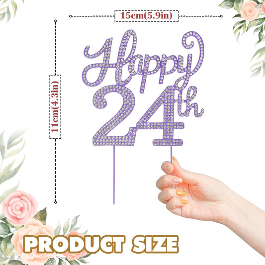 LASKYER Happy 24th Birthday Purple Rhinestone Cake Topper - 24th Birthday/Anniversary,Cheers to 24 Years Old Bday Party Metal Sparkly Centerpieces Decorations.
