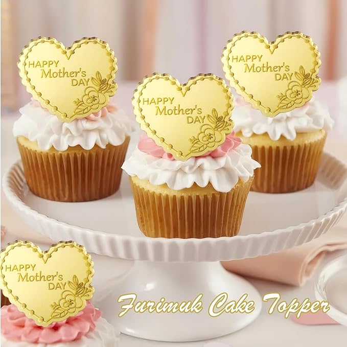 Furimuk 20 Pcs Mother's Day Heart Cake Topper, Gold Acrylic Mirror, Happy Mother's Day Cake Topper, Cupcake Decorations