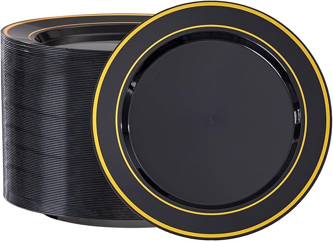 100PCS Black Plastic Plates, 10 Inch Disposable Dinner Plate Party with Gold Rim, Heavy Duty Disposable Plastic Plates for Party, Wedding and Birthday
