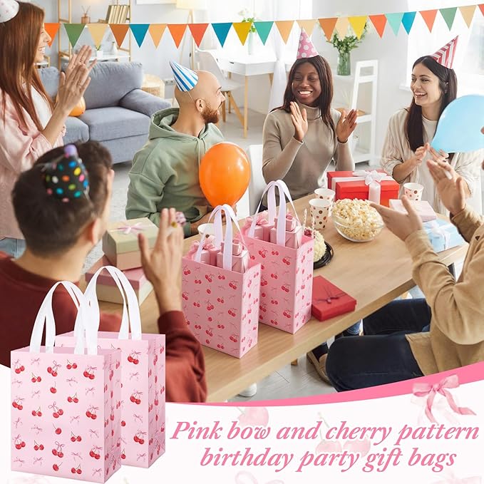 Supervitae 24 Pack Cherry Bow Birthday Gift Bags Red Pink Bow Cherry Medium Goodie Party Bags Spring Reusable Totes Non Woven Totes for Birthday Baby Bridal Shower Family Travel(9.8" x 7.9" x 3.9")