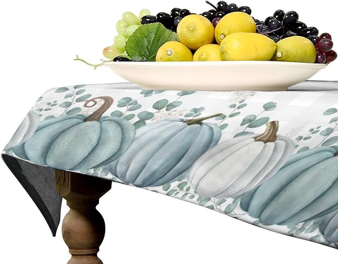 YCness Thanksgiving Pumpkin Tablecloth, Watercolor Eucalyptus Leaves Autumn Harvest Fall Watercolor Blue Gray Grid Table Cover for Party Picnic Dinner Kitchen 55x55 Inch Rectangle
