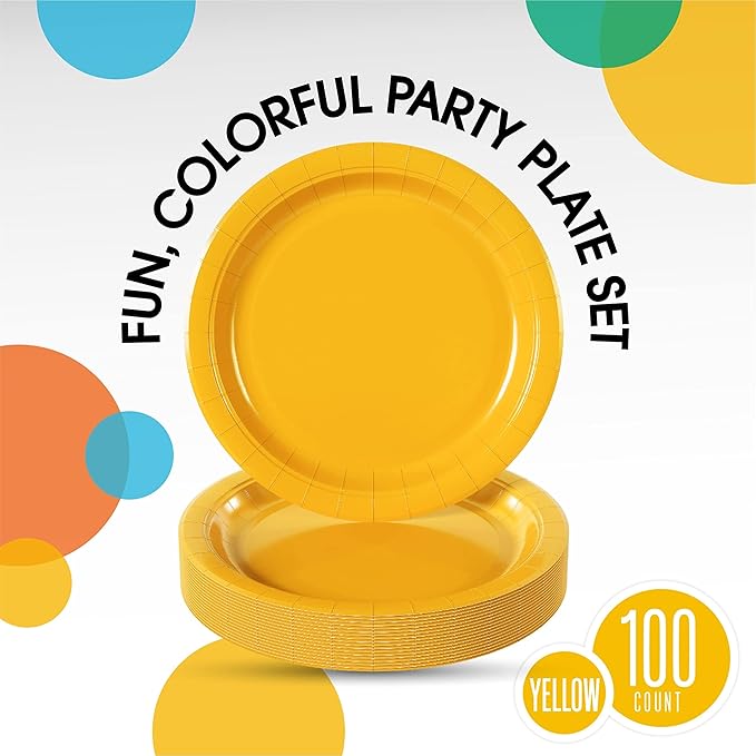 Exquisite Party Solids Yellow Paper Plates Disposable Heavy Duty 9 Inch Yellow Disposable Plates For Party 100 Pcs Heavy Duty 350 GSM, Birthday Supplies