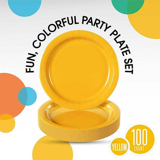 Exquisite Party Solids Yellow Paper Plates Disposable Heavy Duty 9 Inch Yellow Disposable Plates For Party 100 Pcs Heavy Duty 350 GSM, Birthday Supplies