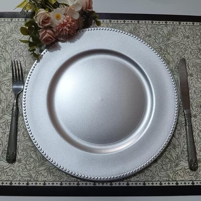 6/50/100 Pcs Elegant Plastic Beaded Charger Plates - Round Gold Silver Black Wedding Party Dinner Decorative Plate Set, Durable for Halloween Christmas Birthday Decor