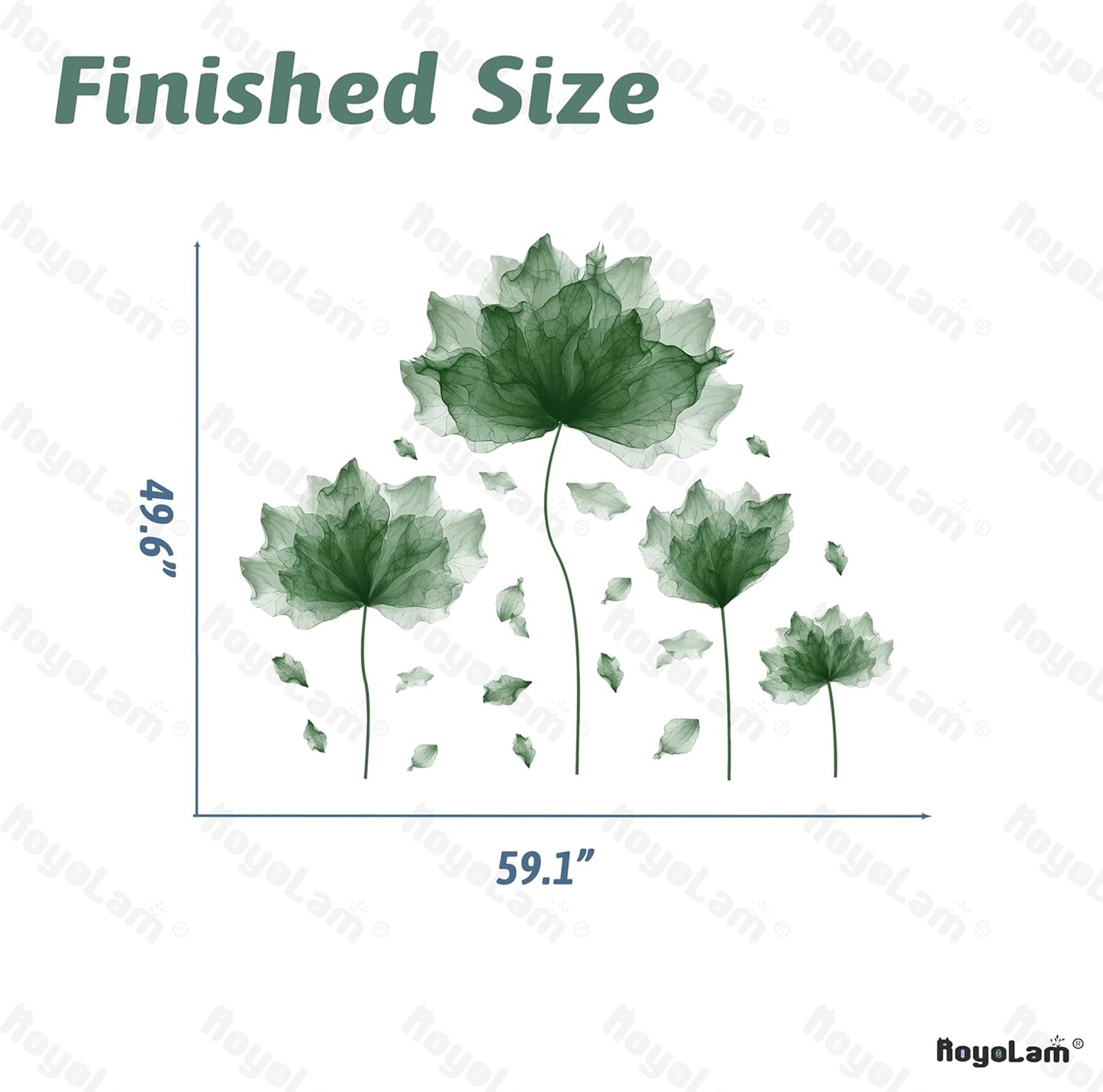 59.1'' x 49.6'' Huge Flower Petal Wall Decals Living Room Floral Wall Stickers Removable Peel and Stick Waterproof Wall Art Decor Stickers for Bedroom Bathroom Office (Blackish Green)