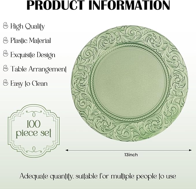 100 Pcs Green Round Charger Plates Bulk, 13 Inch Antique Charger Plate Set Plastic Embossed Dinner Plate for Wedding, Antique Chargers Plates Bulk for Dinner Tabletop Setting Decor (Green)