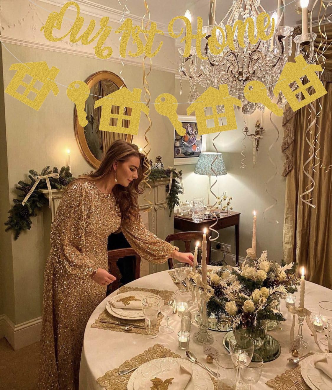 Pre-Strung Our 1st Home Banner - Gold Glitter Welcome Back Party Decorations & Decor, Perfect for Housewarming, Homecoming, & Military Return