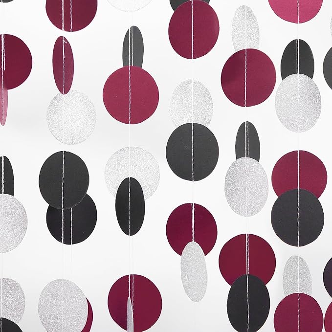 Silver Black and Burgundy-Red Birthday-Decorations - 52Ft Paper Garland Circle Dots Streamers Party Banner Girl Bridal Shower Wedding Bachelorette Engagement Graduation Hanging Decor Hongtongtong
