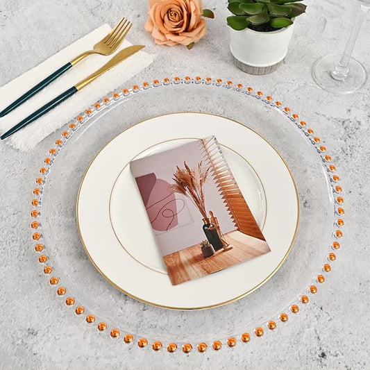 24 PCS Clear Round Charger Plates with Beaded Rim, 13 Inch Plastic Acrylic Plate, Plastic Round Beaded Dinner Decorative Service Plates for Wedding Party Event, Home Kitchen Tabletop(Orange)