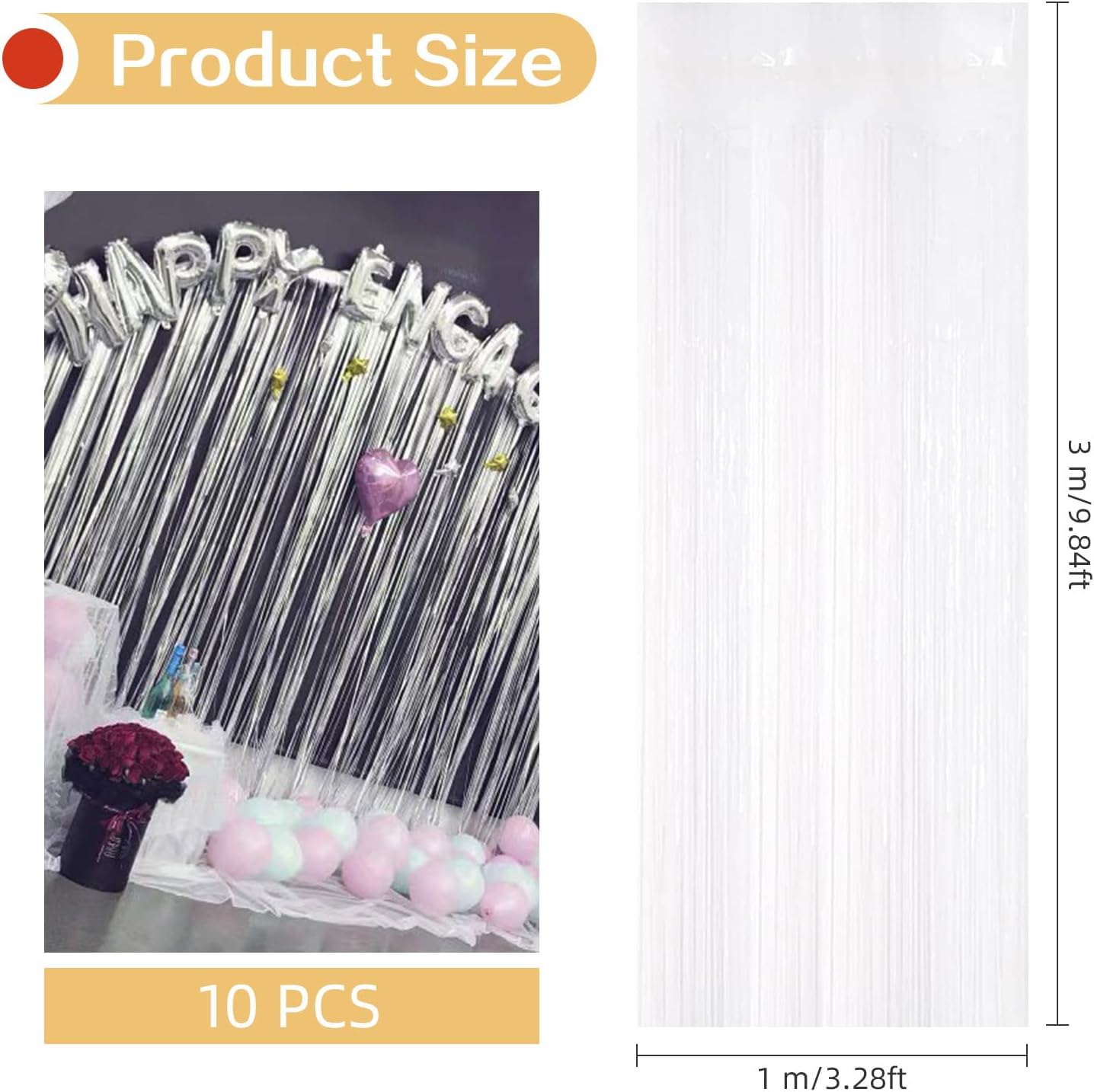10 Pack White Foil Curtain Backdrop 3.2ft x 9.8ft Black Metallic Tinsel Foil Fringe Curtains Streamer Photo Booth Backdrop for Birthday Party Engagement Bachelorette Party Decorations (White)