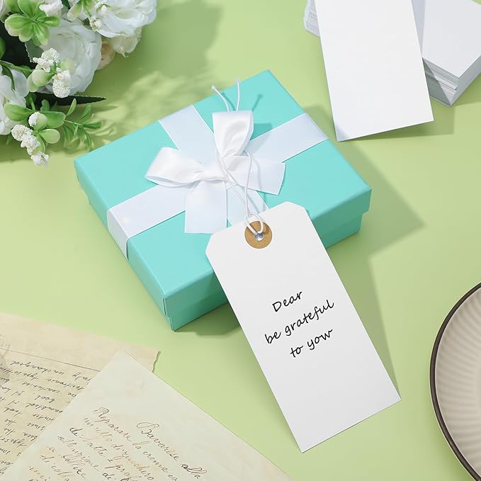 300 Pcs White Hanging Tags with Elastic String – Large 4.72" x 2.36" Writable Marking Tags, Reinforced Hole for Gifts, Inventory & Pricing (Premium Cardstock)
