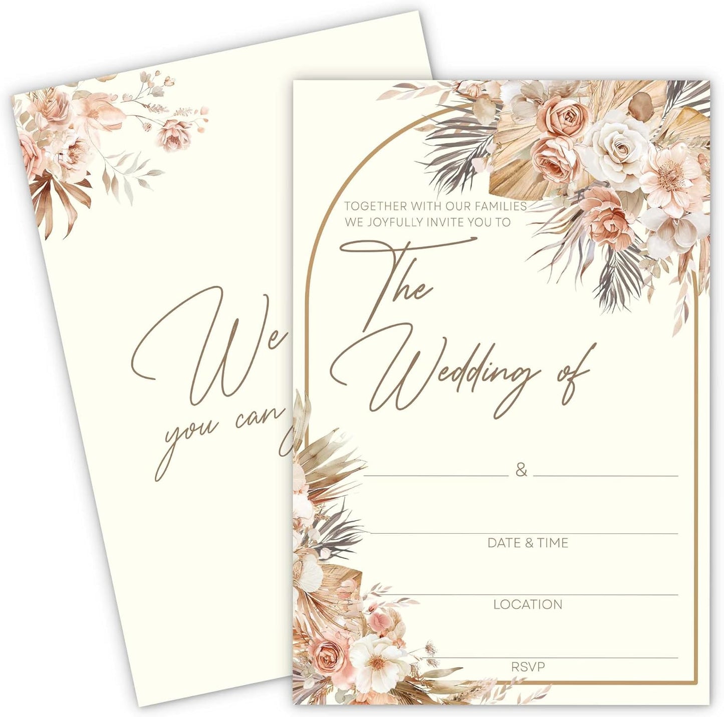 Wedding Invitations With Envelopes And RSVP Cards - Blank Boho Chic Terracotta Floral Wedding Card With Gold Arched Frame - Invitaciones Para Boda Personalizadas Set of 20(4 x 6 Inch)(009)